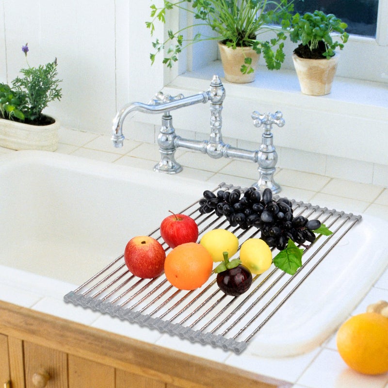 Hhyn Roll-Up Sink Drying Rack 17.7"(L) x 13.8"(W) - Multipurpose Heat Resistant Over The Stainless Steel & Silicone Dish Rollable Kitchen Drainer, Gray - Image 5